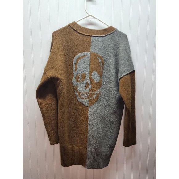 Two-Tone Brown & Gray Skull Graphic Cardigan Sweater Button Front Long Sleeve Ov - Picture 2 of 14